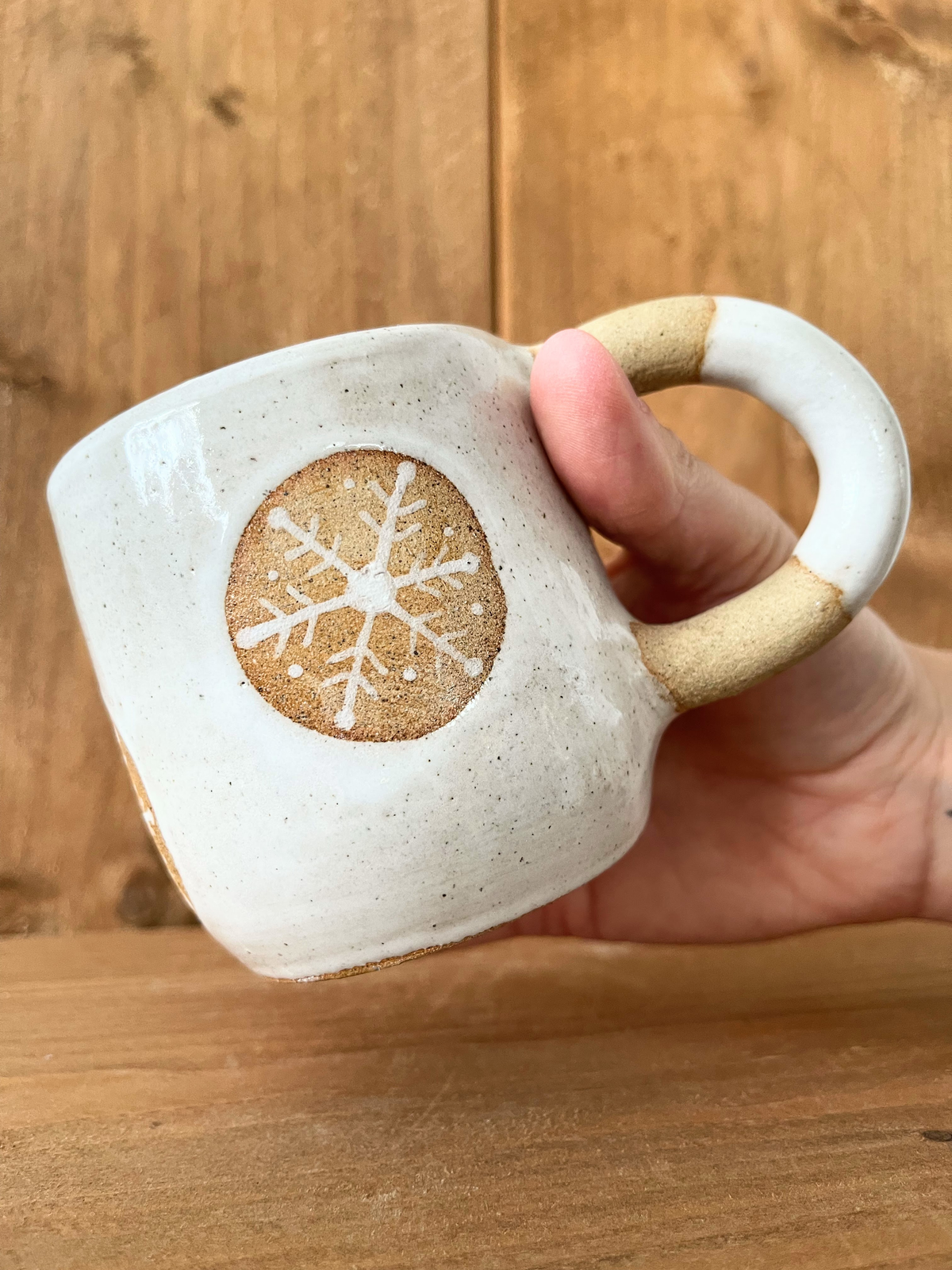 pair of festive hug mugs: snowflakes
