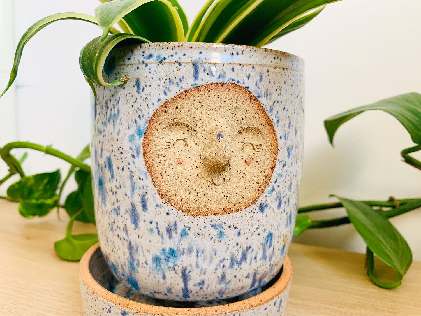 footed planter & dish: blue fleck