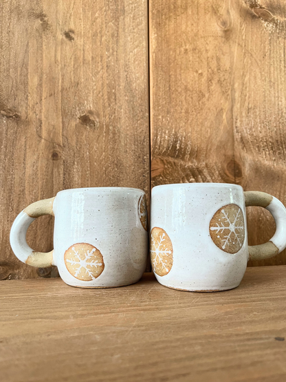pair of festive hug mugs: snowflakes
