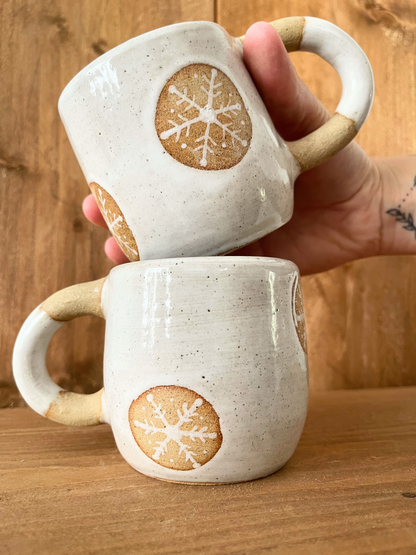 pair of festive hug mugs: snowflakes