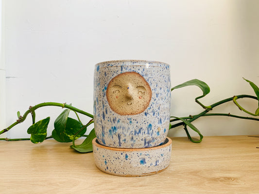 footed planter & dish: blue fleck